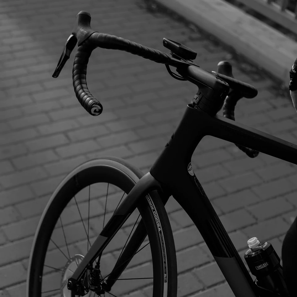 A black and white photo of a bicycle